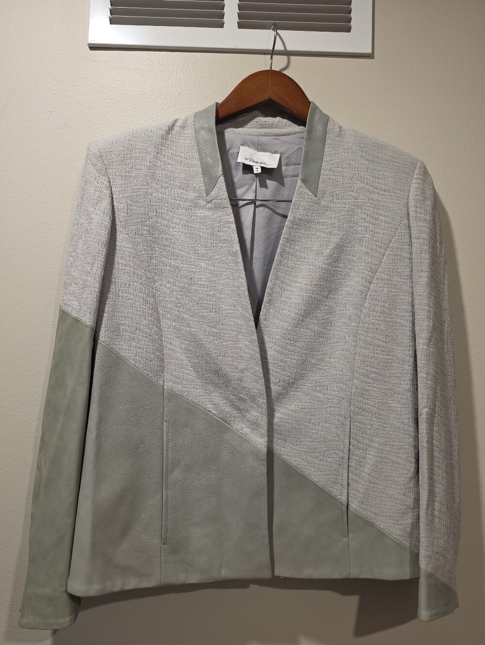 3.1 Phillip Lim Asymmetric Lamb Leather Trim Blazer M Grey
